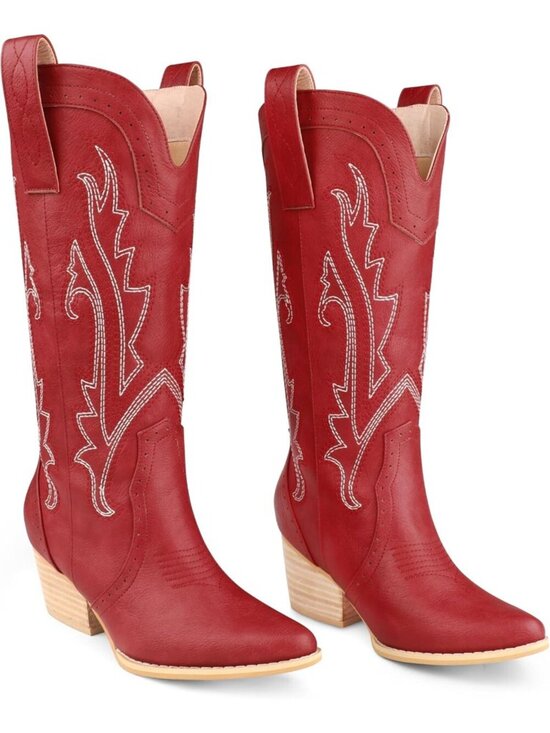 Shoes - Women's Red Mid Calf Cowboy Boots Pointy Toe Embroidered Western Boot
